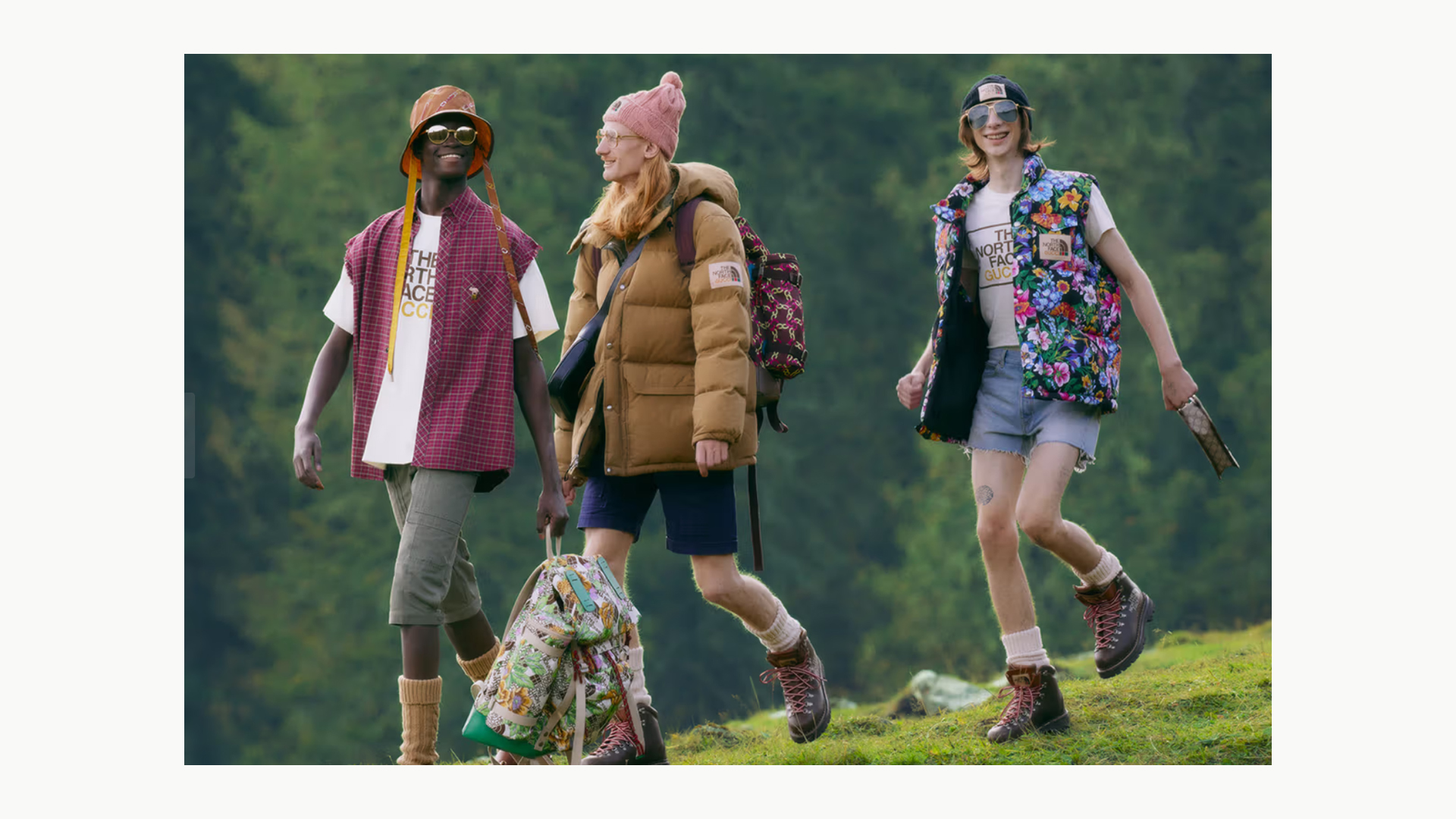 Models hiking in colorful pieces from The North Face and Gucci collaboration