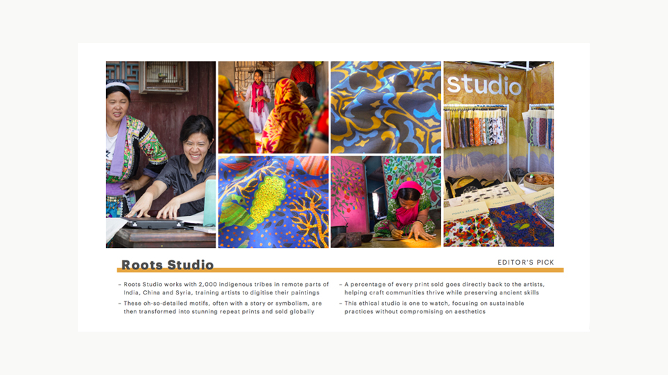 Roots Studio feature showing artists and colorful textile patterns