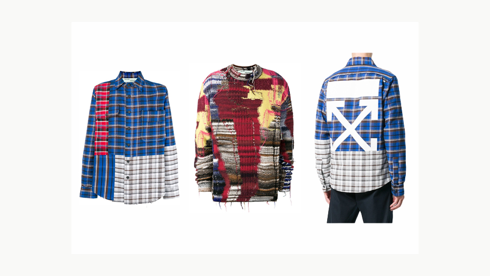 Off-White garments combining contrasting checks and textures