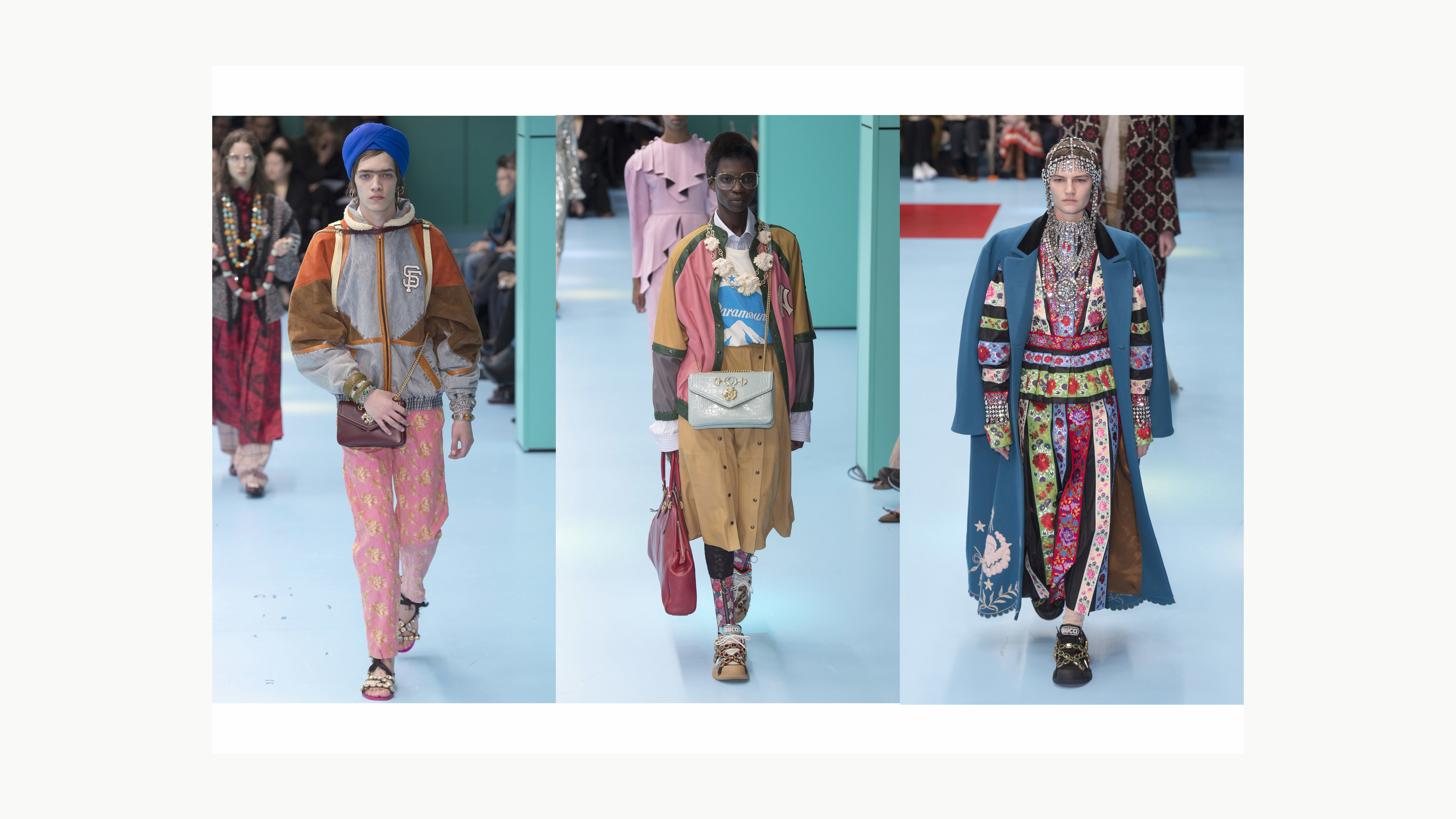Gucci runway looks by Alessandro Michele mixing cultural and historical references