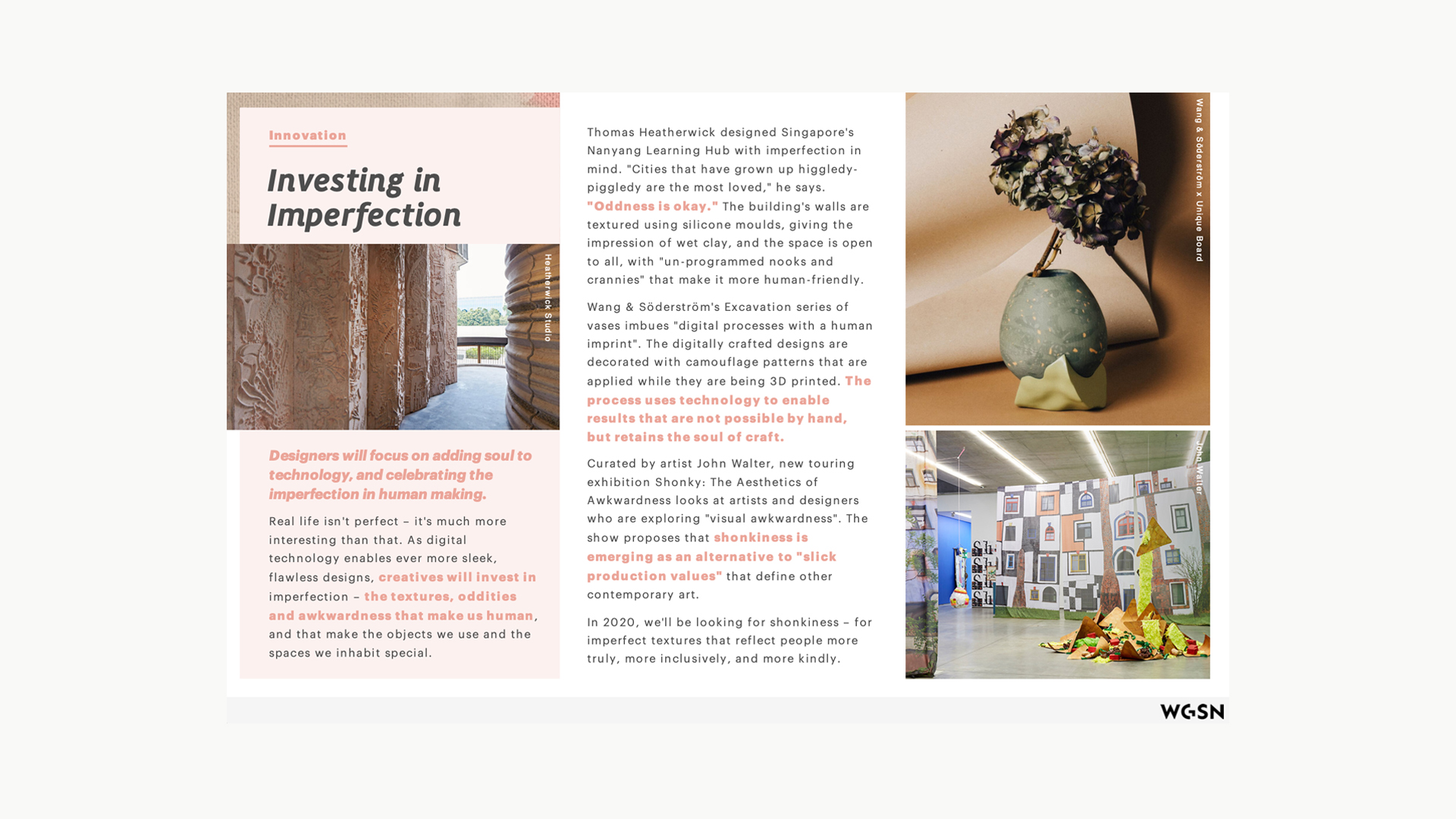 WGSN research slide exploring imperfection, human making, digital craft, and visual awkwardness