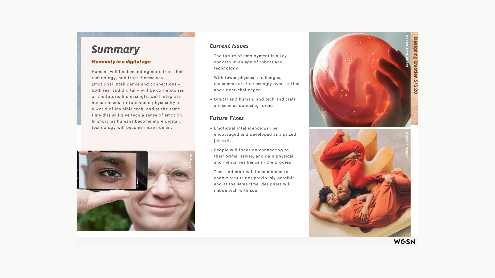 WGSN research summary about humanity, technology, emotion, and craft in a digital age
