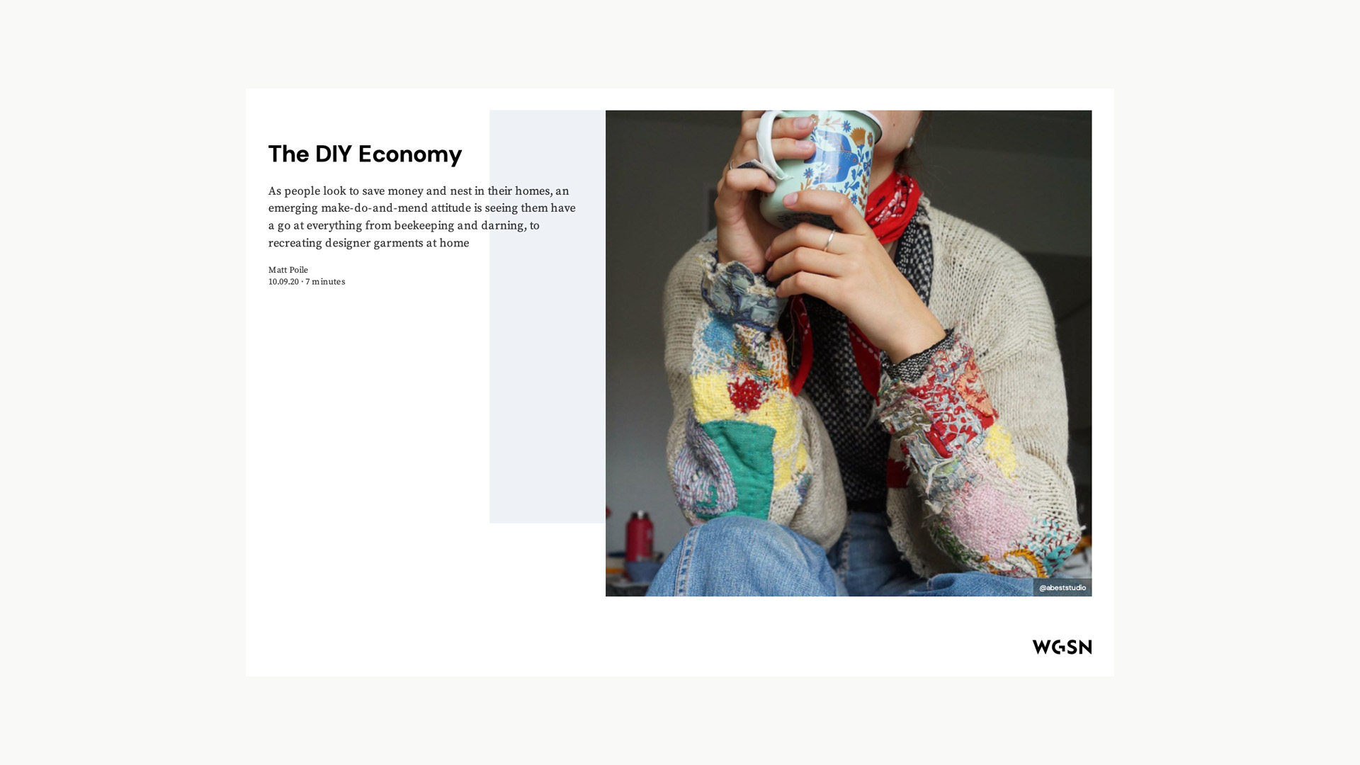 WGSN article about the DIY economy with a visibly repaired patchwork sweater