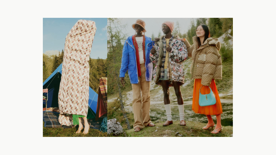 Images from The North Face x Gucci collaboration combining expressive fashion styling with outdoor clothing