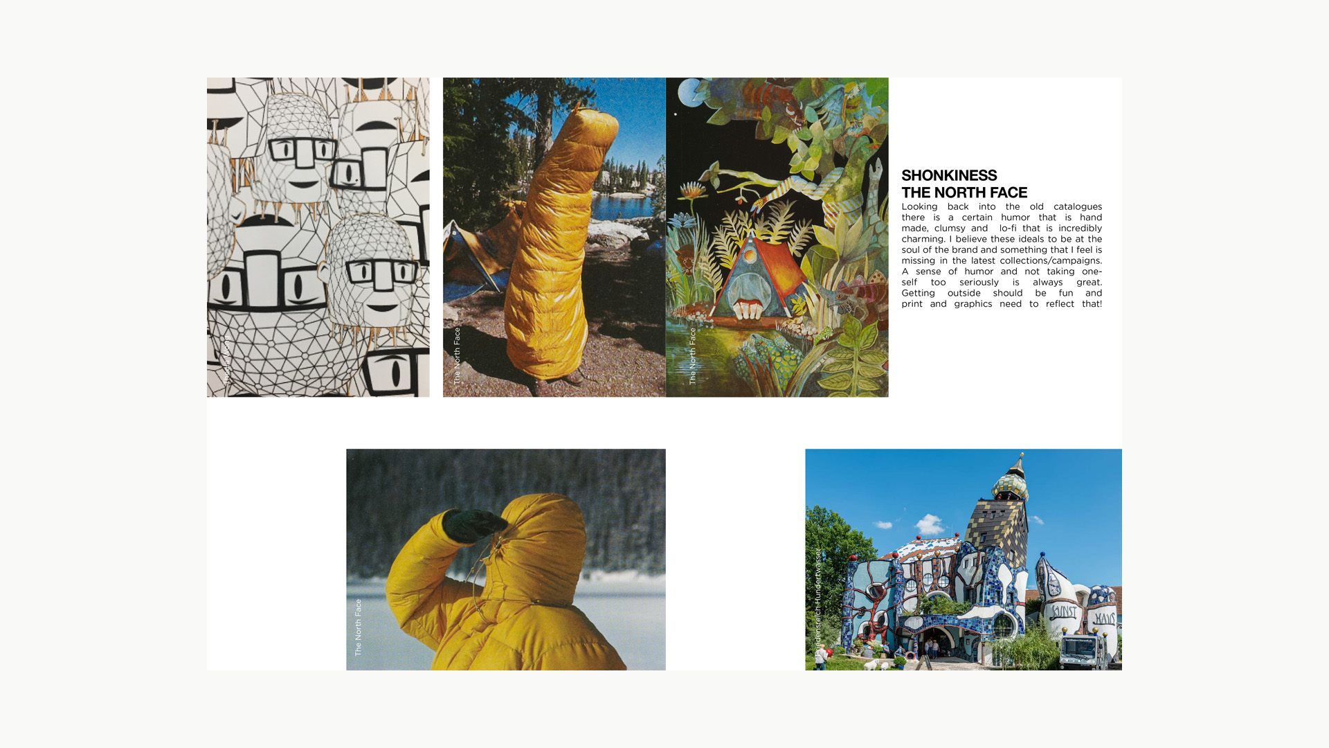 Book spread featuring historic North Face catalog images with humorous graphics, playful sleeping bags, and illustrated tents