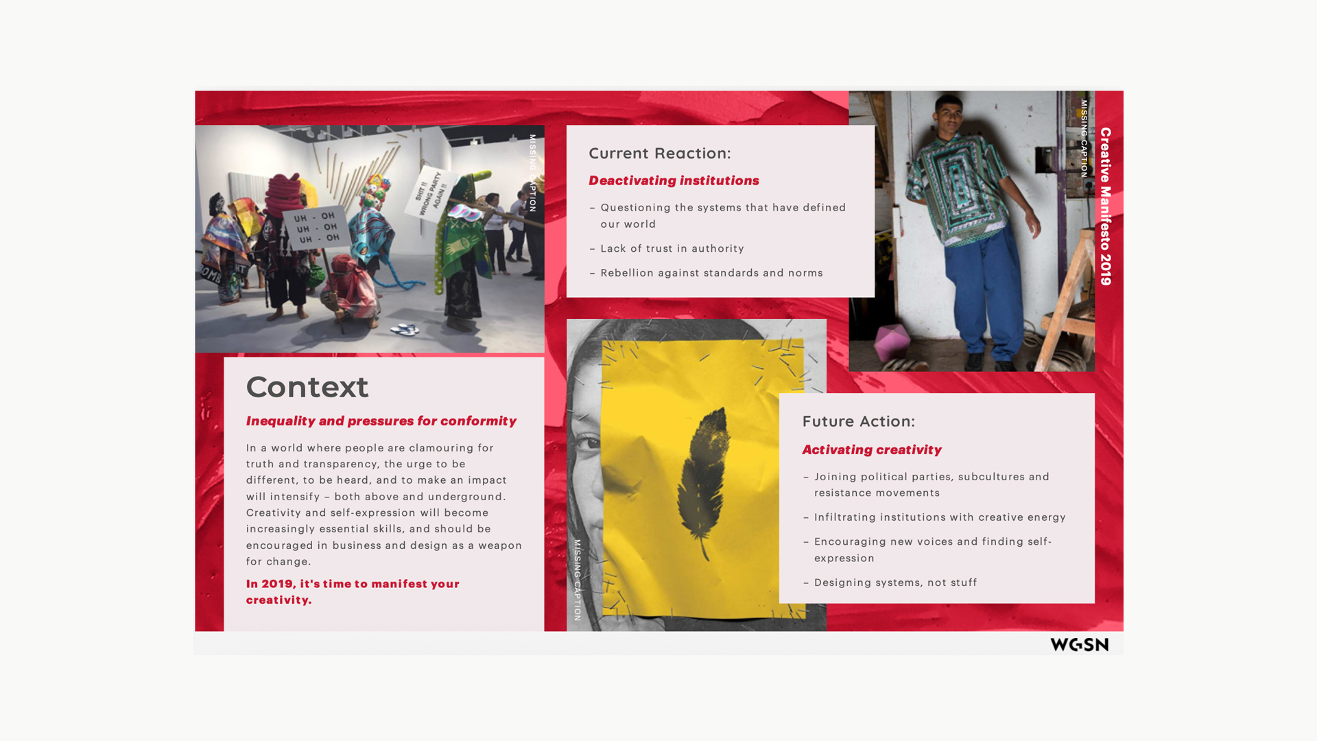 WGSN Creative Manifesto research slide about activating creativity and challenging established systems