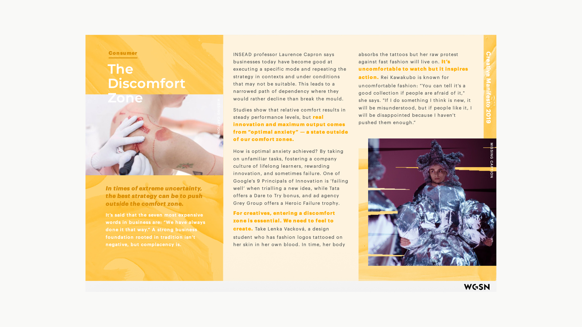 WGSN Discomfort Zone research slide about innovation beyond familiar conventions