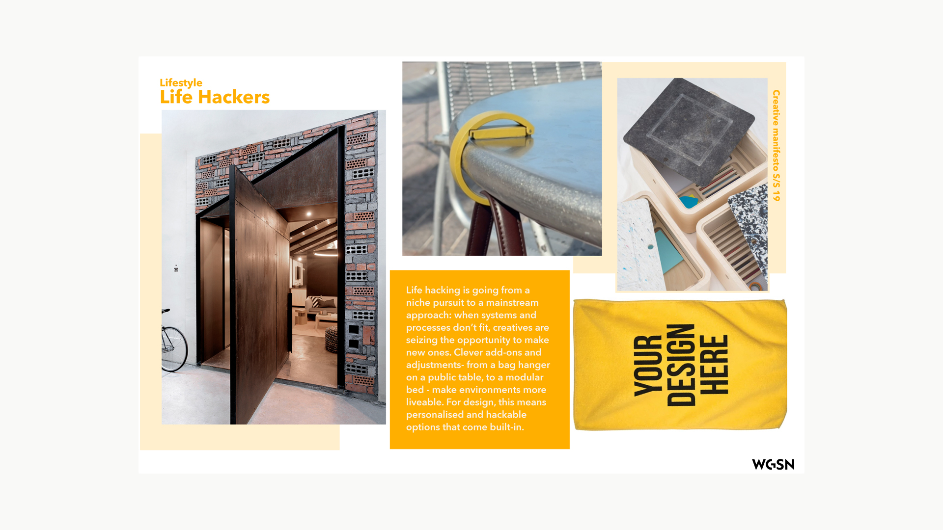 WGSN Life Hackers research slide showing adaptable products and built environments