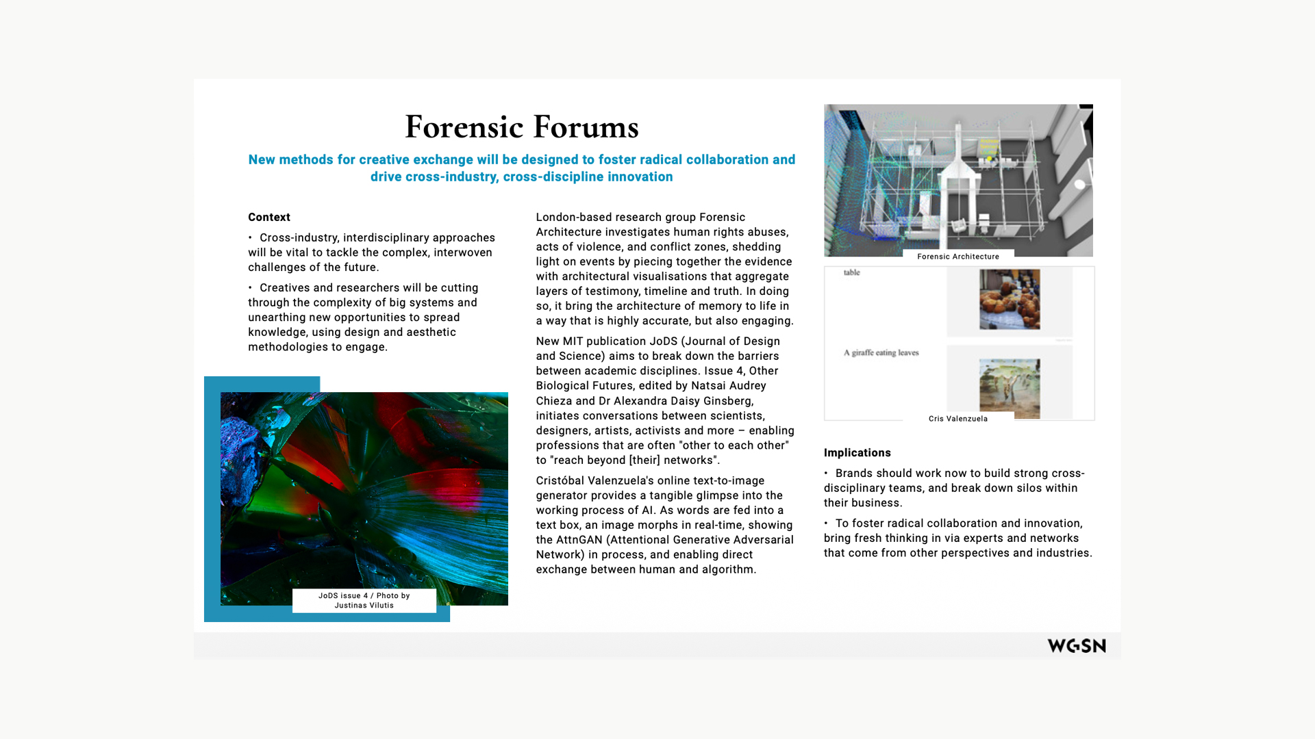 WGSN Forensic Forums research slide about cross-disciplinary investigation and collaboration