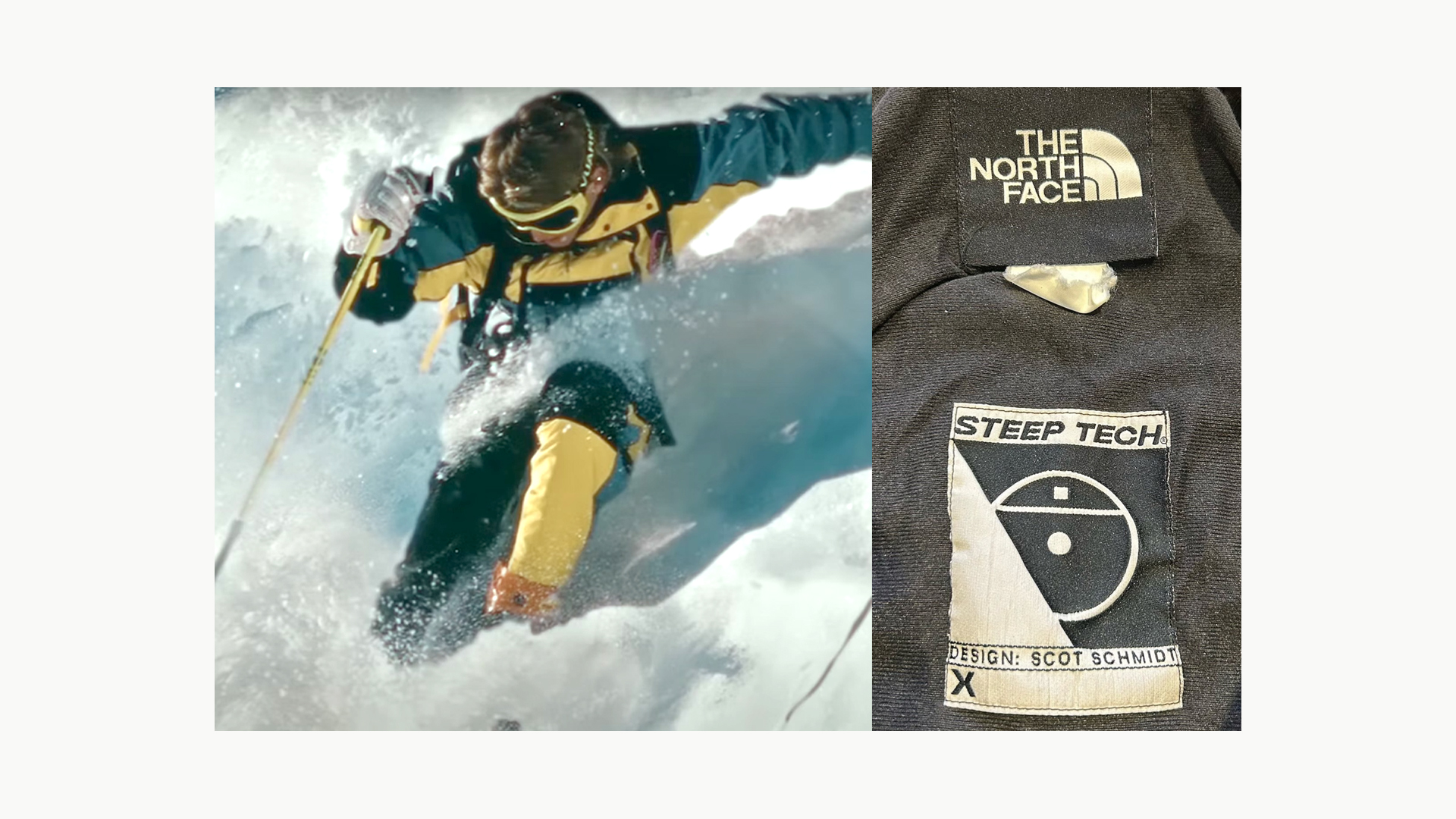 Scot Schmidt skiing in The North Face Steep Tech gear beside the garment label he designed