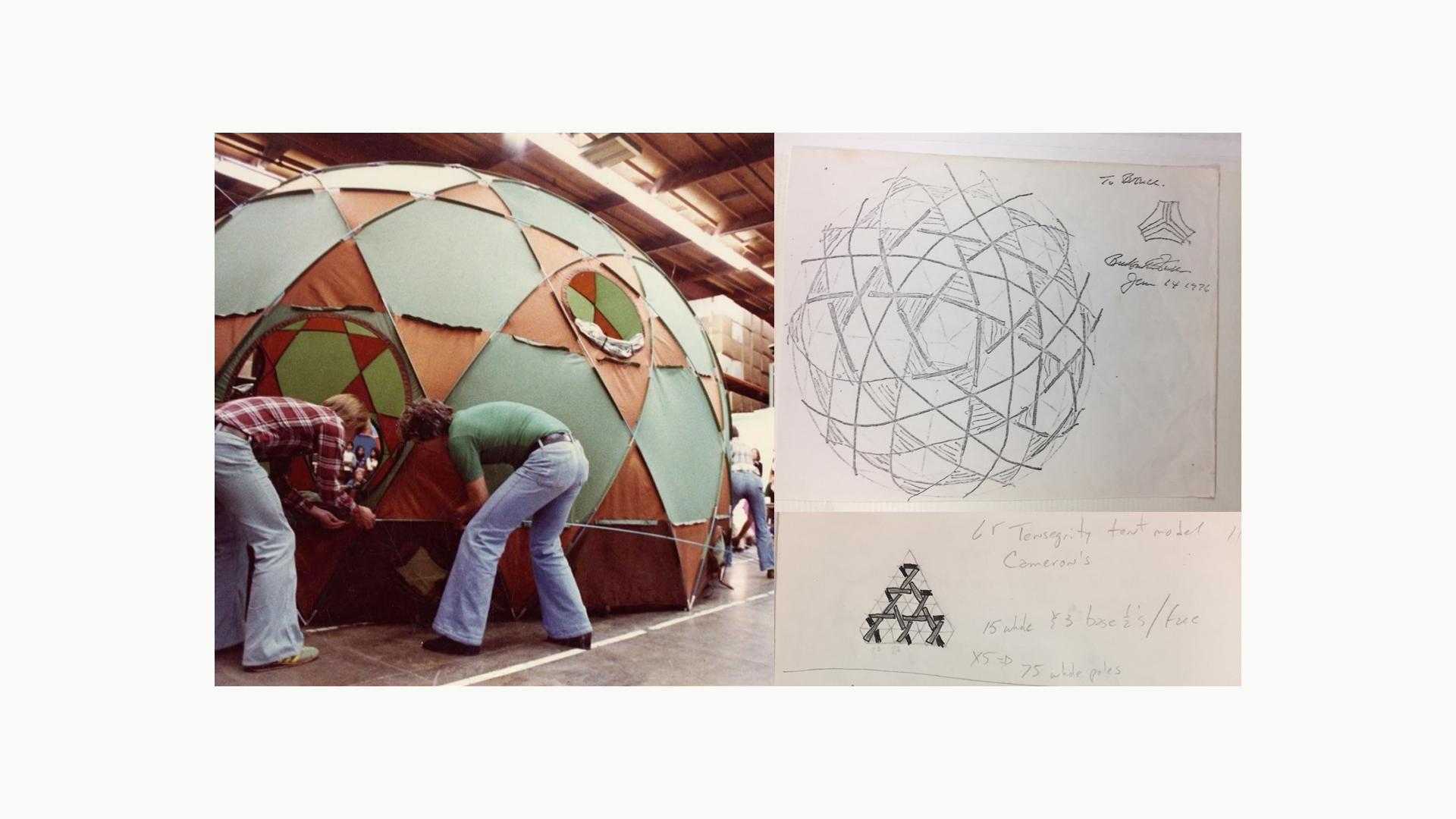 The North Face Oval InTENTion geodesic dome tent beside Buckminster Fuller’s signed design sketches