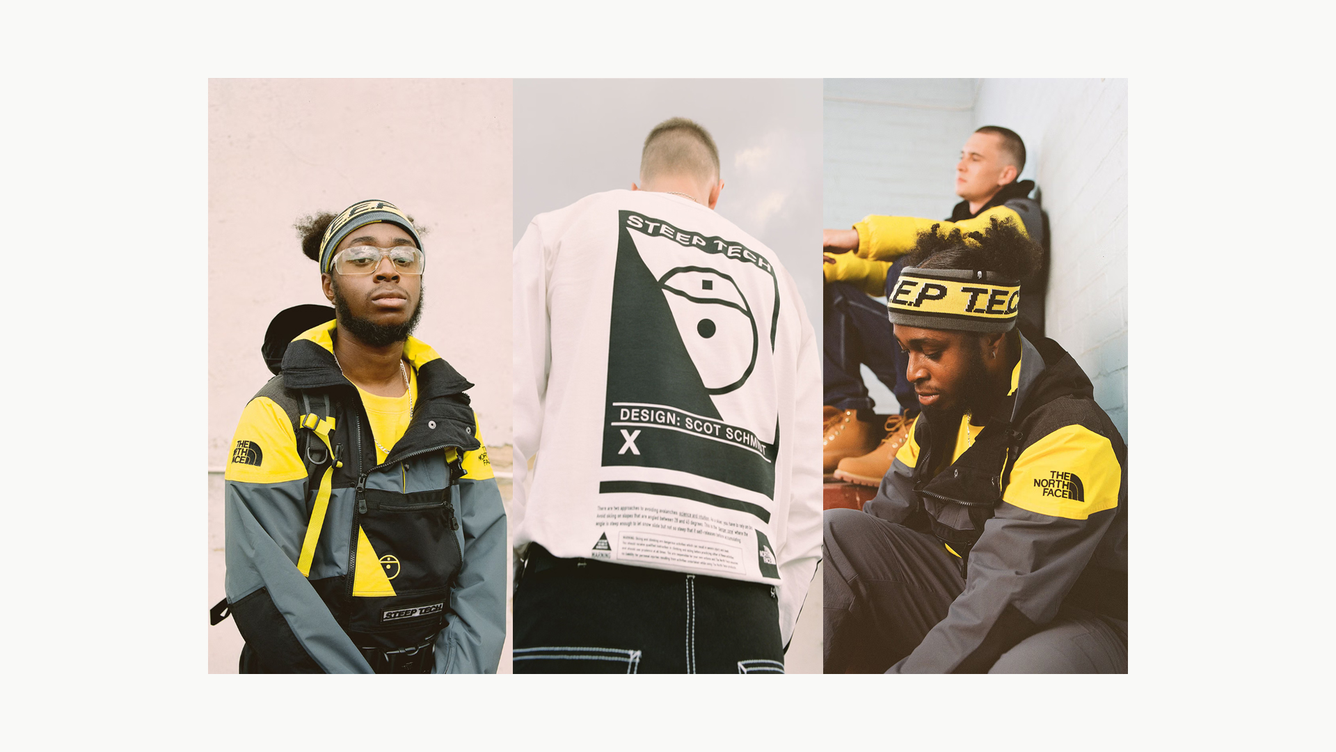 Models wearing black, gray, and yellow pieces from the Fall 2020 return of The North Face Steep Tech collection