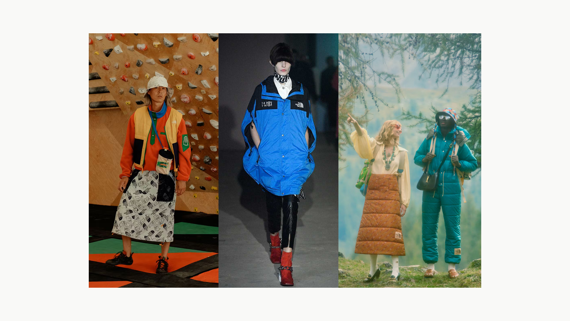 Three fashion images showing unconventional interpretations of The North Face outdoor clothing