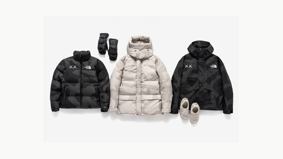 The North Face x KAWS jackets, mittens, and footwear featuring a tonal pattern-piece print