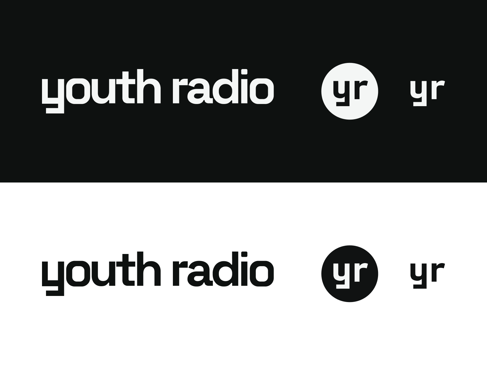 Youth Radio wordmark and social-avatar variants on dark and light backgrounds